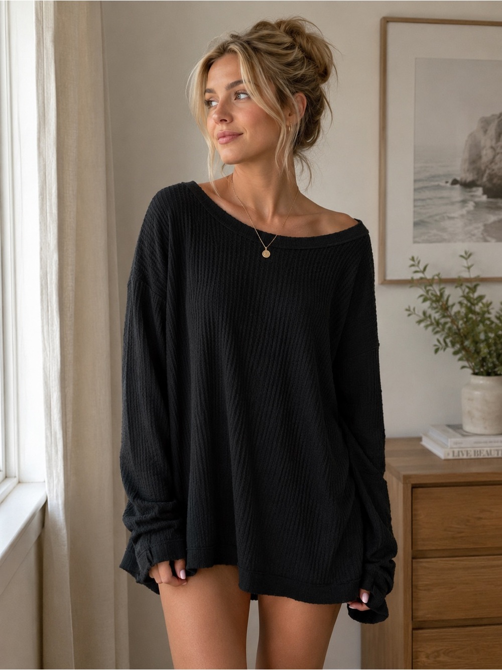 We The Free Black Oversized Waffle Knit Long Sleeve Pullover